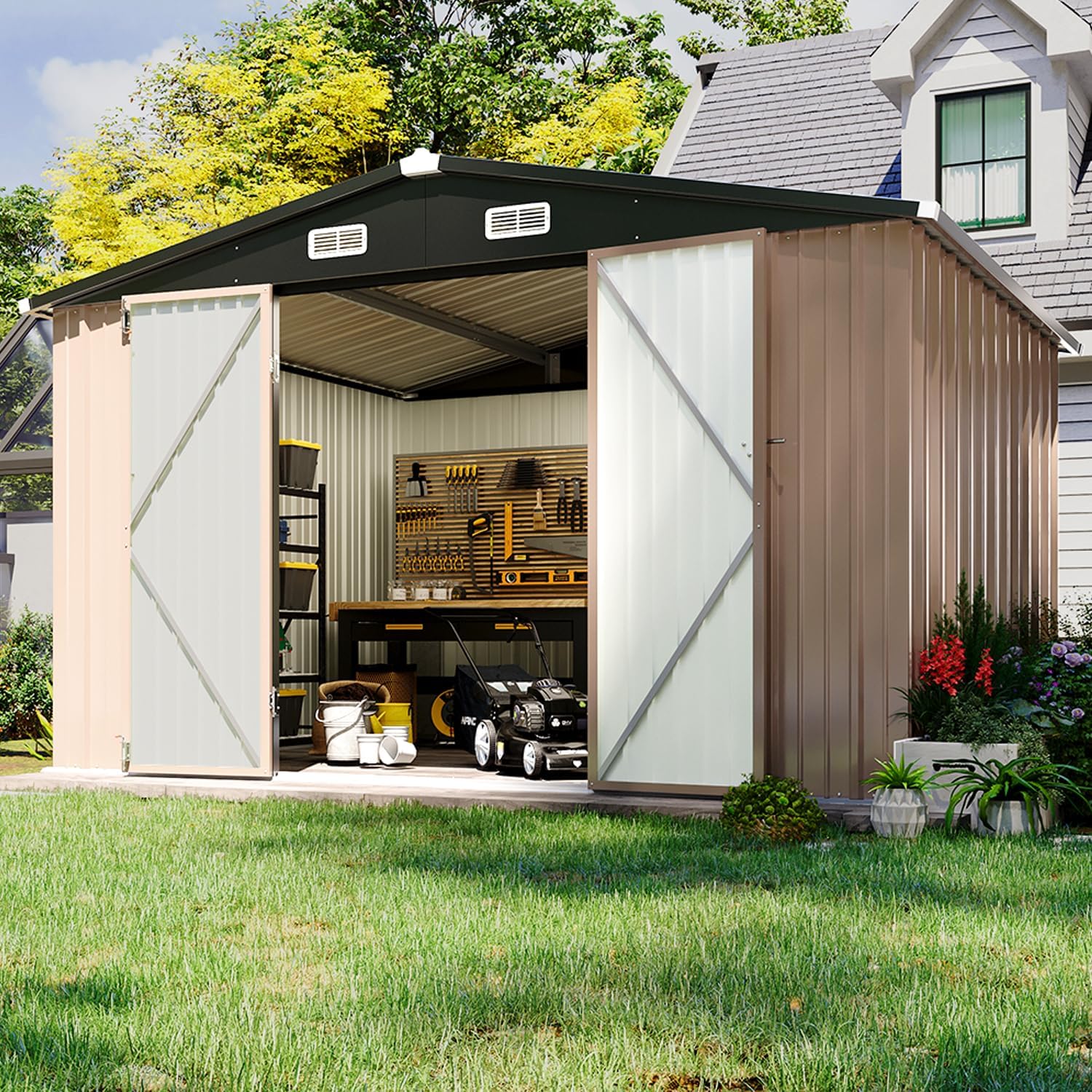 9.5x7.5 FT Metal Storage Shed with 4 Pegboards & 50 Hooks Outdoor Tool Shed, Waterproof Utility Garden Storage House for Backyard, Garage, Patio