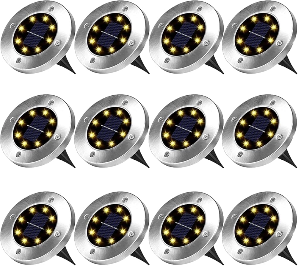 Warm Light,20 Lamps,12 Pack Solar Ground Lights Outdoor, 8/10/12/16/20 LED Disc Lights IP65 Waterproof Flat Light, Pathway Light Solar Powered for Garden Lawn Patio Yard Path Landscape