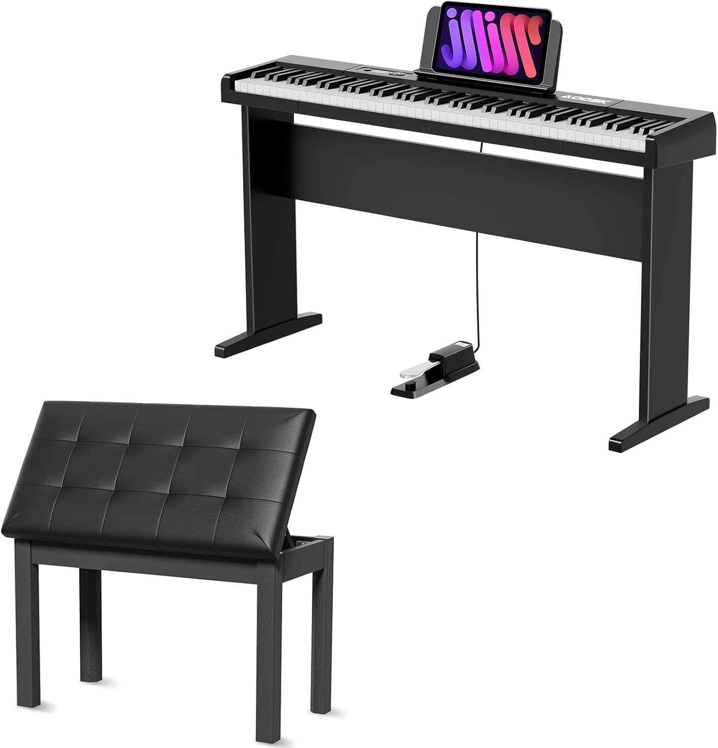 AODSK 88 Key keyboard piano, Portable Digital Piano with Wooden stand Set+Wooden Duet Piano Bench with Padded Cushion and Storage Compartment