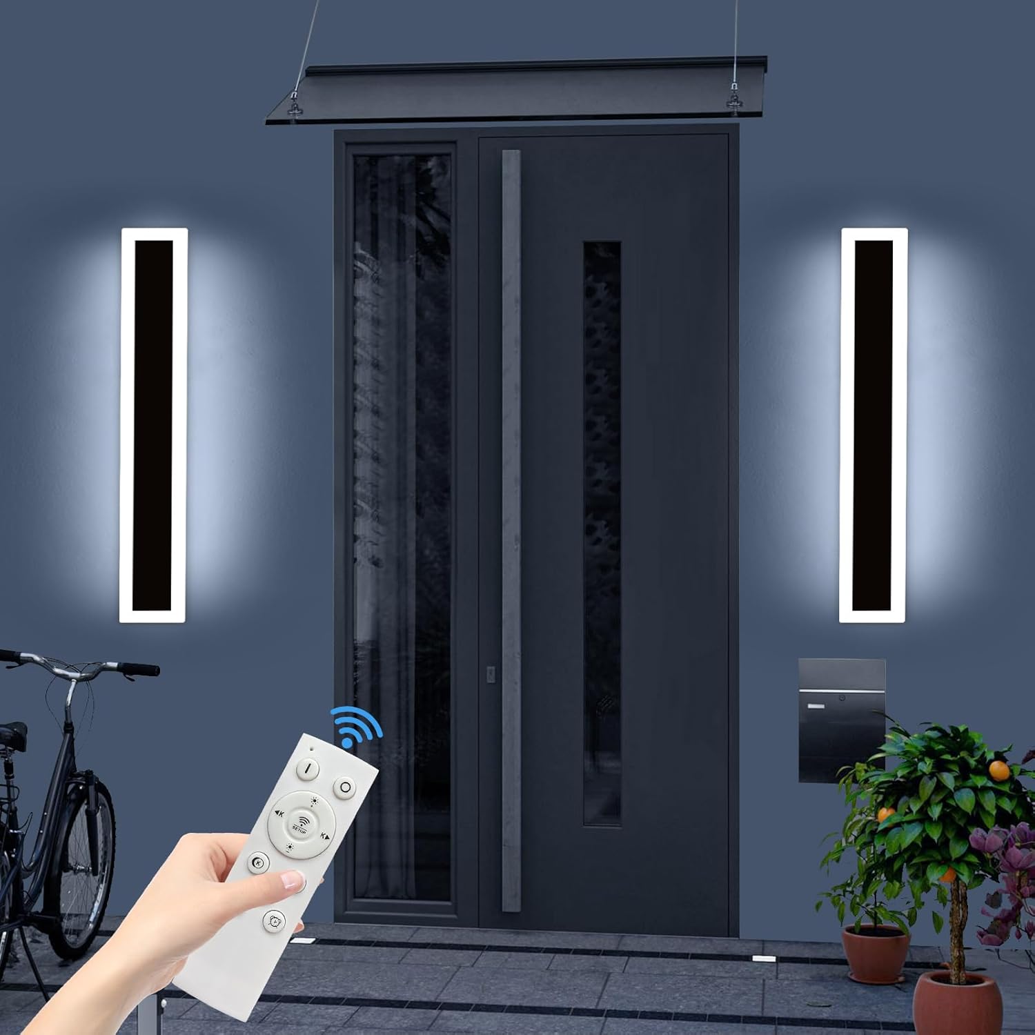 Upgrade Widened 2 Pack 23.6inch Outdoor Wall Sconce, Dimmable Modern LED Wall Light, 3000K-6000K, IP65 Waterproof, Black Wall Mount Lighting for Exterior Home, Porch, Garage with Remote Control