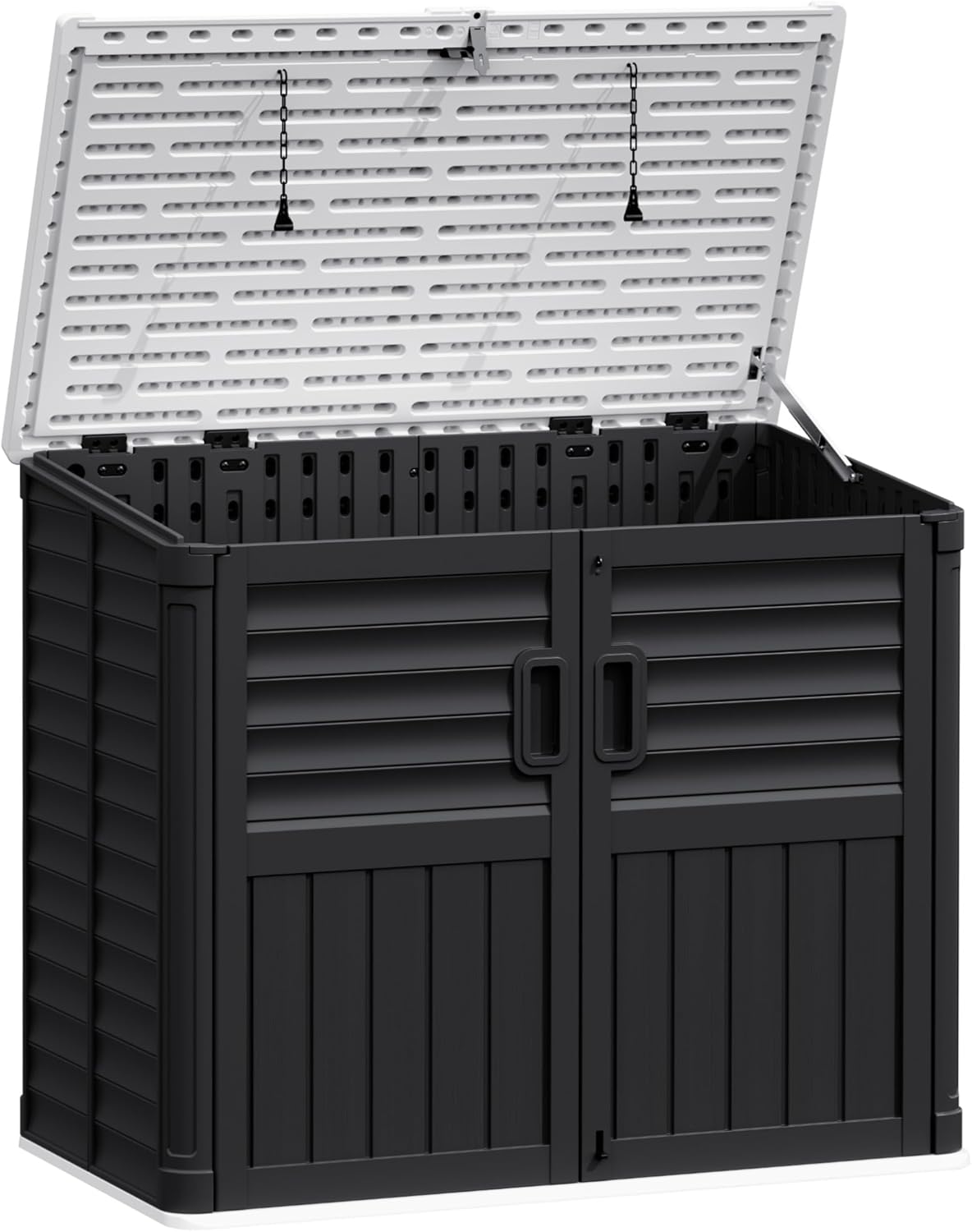 JUMMICO Resin Outdoor Storage Shed, 34 Cu Ft Horizontal Storage Cabinet for Trash Cans, Garden Tools, Pool Supplies (Black)