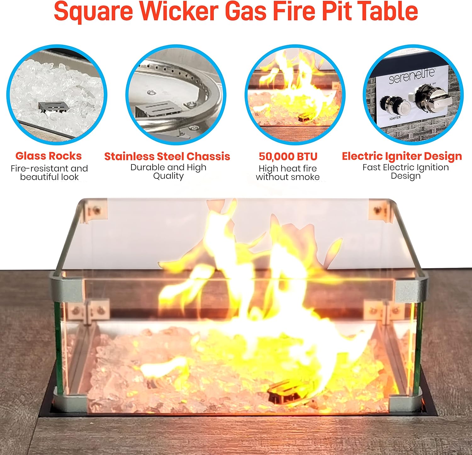 SereneLife Propane Fire Pit Table, 50000 BTU CSA/ETL Certified Safe Gas Table with Sturdy Wicker Base, Stainless Steel Burner, Glass Wind Guard & Cover, Outdoor Fireplaces for Parties