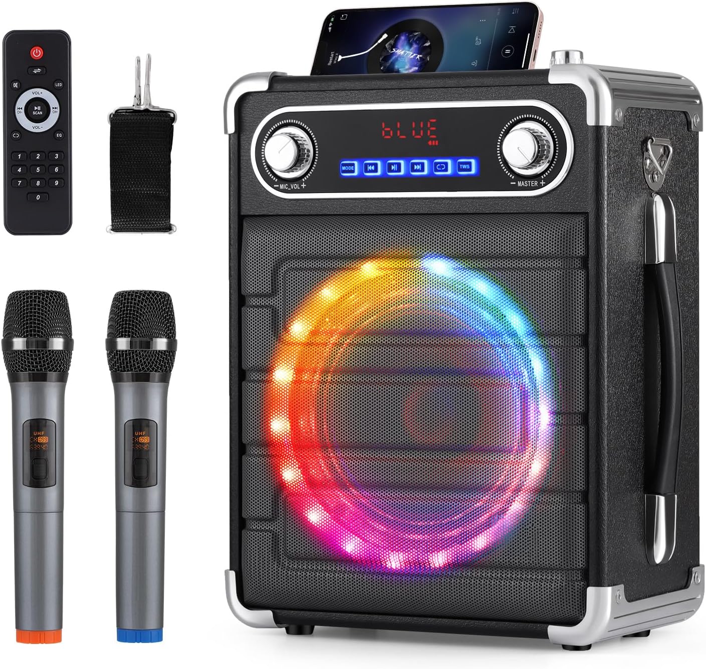 60W Karaoke Machine for Adults Kids, Portable Bluetooth Speaker with Bass/Treble Adjustment, Shoulder Strap, Remote Control, 2 Microphones, LED Lights, PA System Support TF/USB/AUX, TWS, Guitar