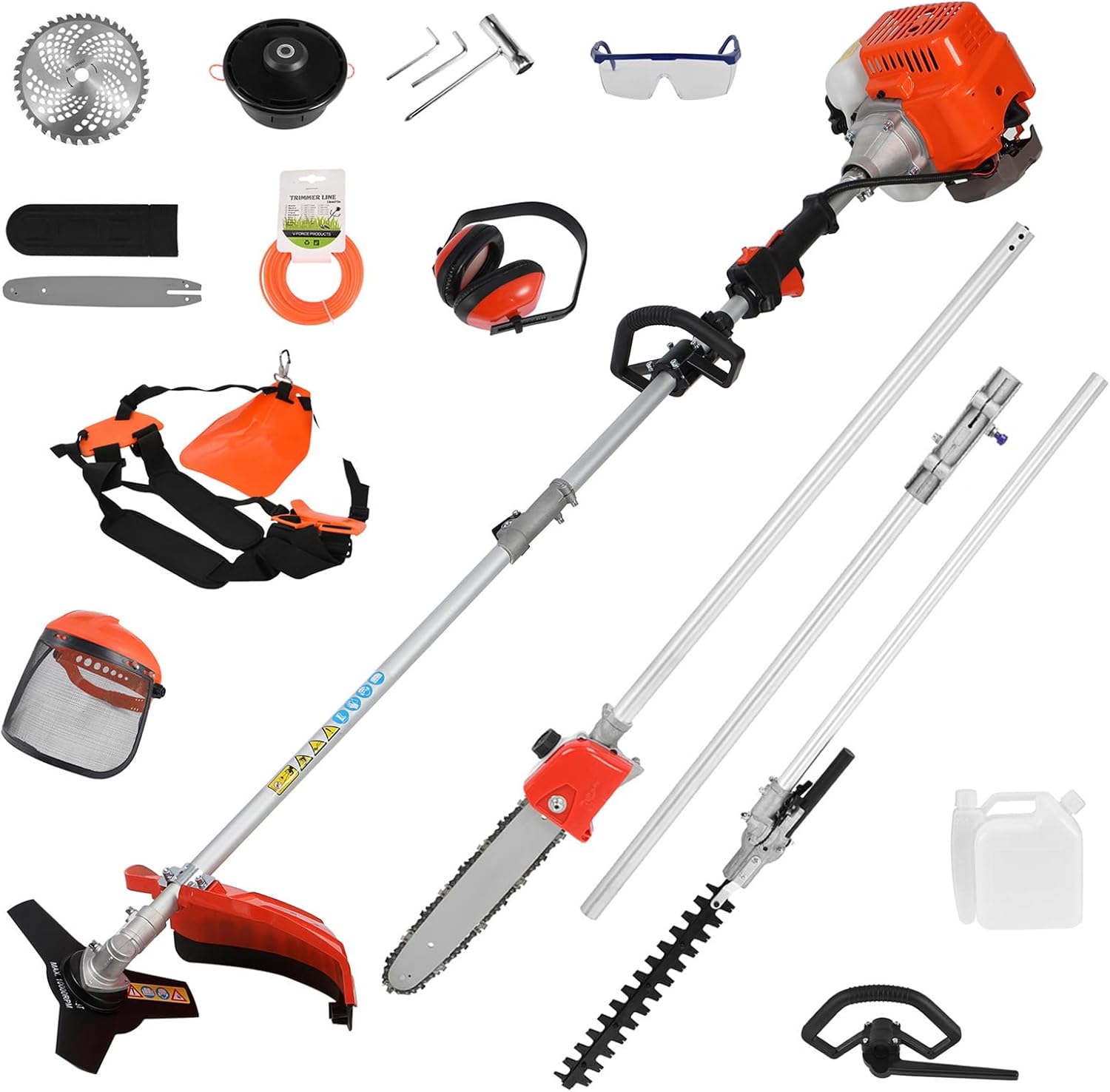 Powerful 52cc 5 in 1 Multi Functional Trimming Tools,Gas Hedge Trimmer,String Trimmer, Weed Eater, Pole Chainsaw with Extension Pole and Brush Cutter (Orange)