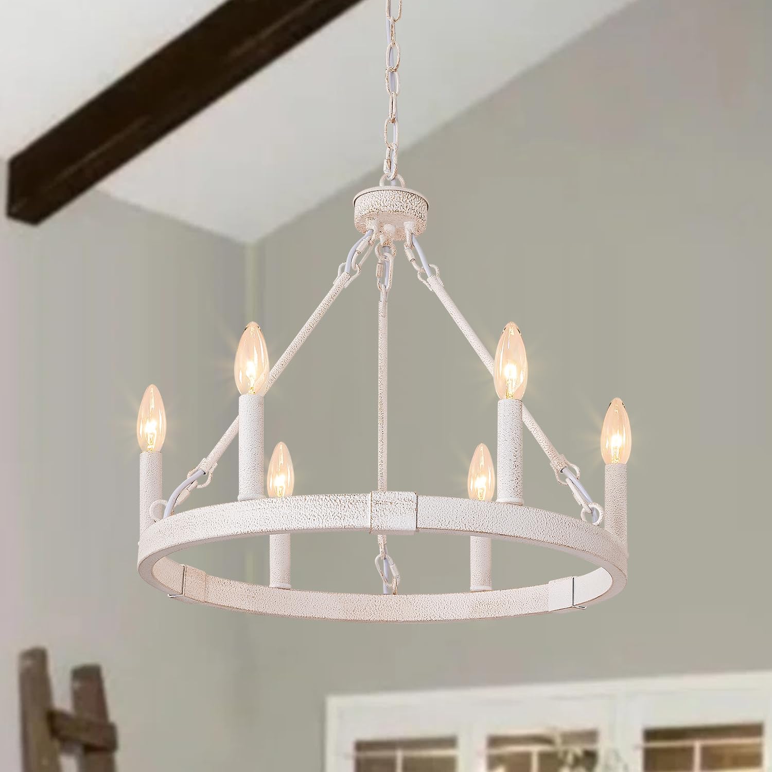 White Wagon Wheel Chandelier 19.5 inch, 6-Light Farmhouse Wagon Wheel Chandeliers Round Industrial Pendant Light for Outdoor Porch Living Dining Room Foyer Entryway
