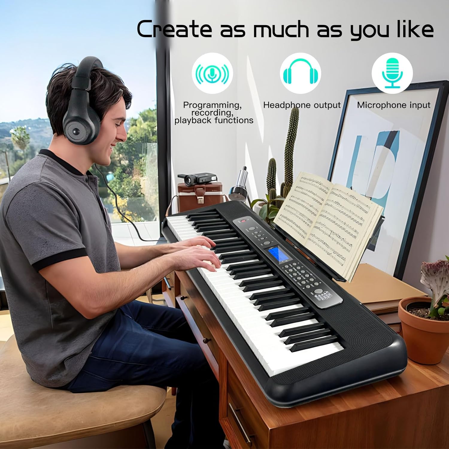 AQNIEGEP Pro 61-Key Electric Keyboard Piano w/LCD & Sustain Pedal, Full-Size Studio Keyboard w/Stand, Bench, Headphones, Mic, 200 Timbres/Rhythms, 80 Songs, Professional Piano Keyboard for All Levels