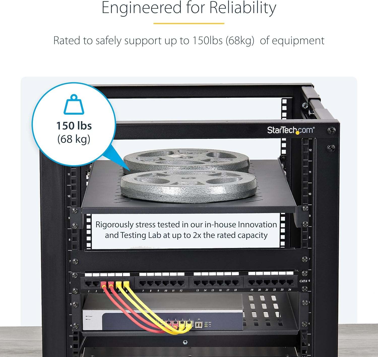 StarTech.com 1U 4-Post Server Rack Shelf, Vented, Adjustable Mounting Depth (28-34.4in/71.1-87.3cm), 150lb (68kg) Capacity