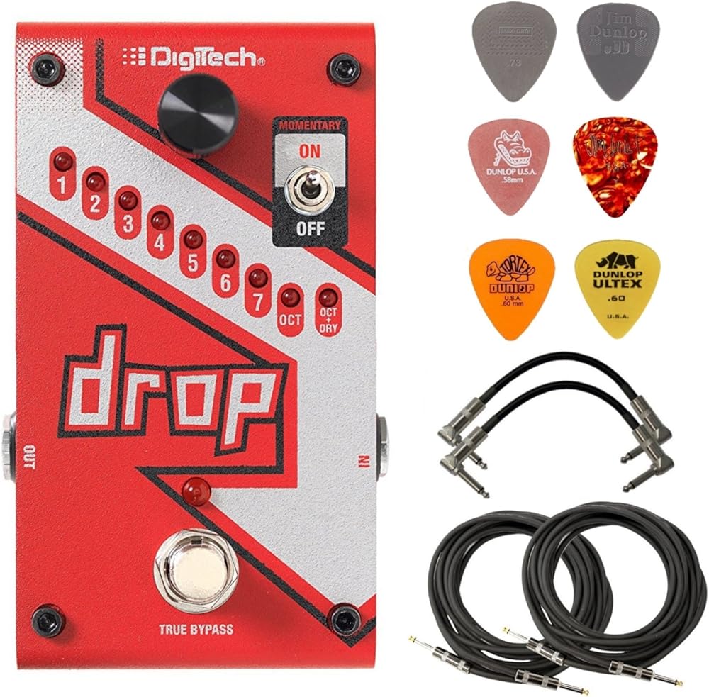 Digitech DROP Polyphonic Drop Tune Pitch-Shifter Pedal Bundle with 2 Patch Cables, 2 Instrument Cables, and 6 Dunlop Picks