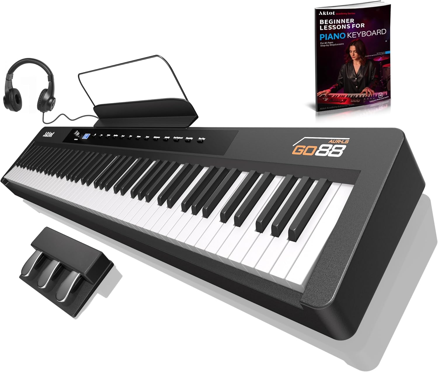 AKLOT Beginners Portable Keyboard Piano: Home Digital Piano with 88-Key Graded Hammer Action, Electric Triple Pedal, Dual 25W Speakers, USB-MIDI, Lesson Book, Headphones and Keyboard Stickers AUR-GO