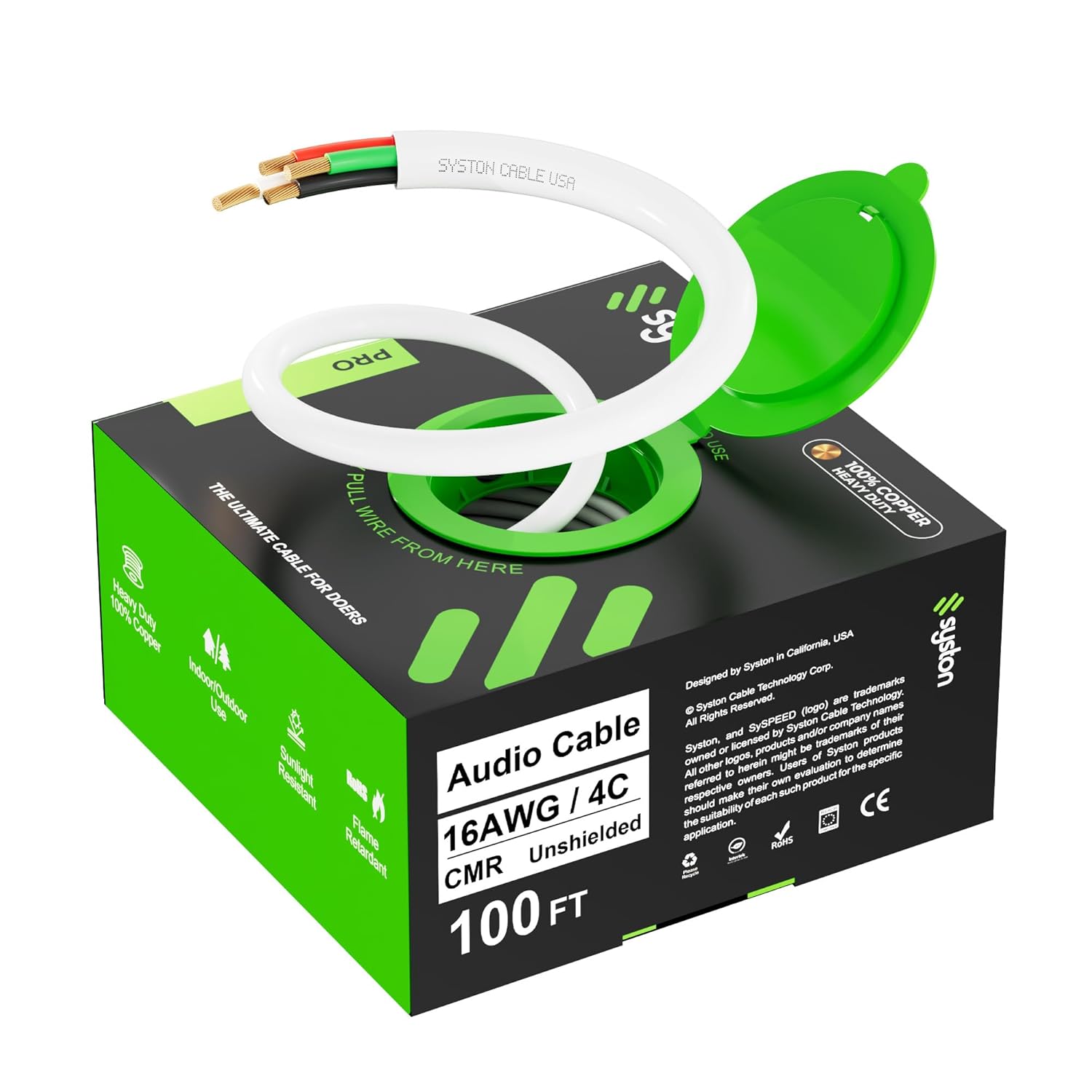 SYSTON 16/4 Speaker Audio Cable Wire Bulk, 16AWG 4C Strand OFC - Oxygen Free Copper Conductors, CMR Riser-Rated Indoor/Outdoor UV Resistant RoHS Compliant for Home Theater Car Speakers, White 100 FT