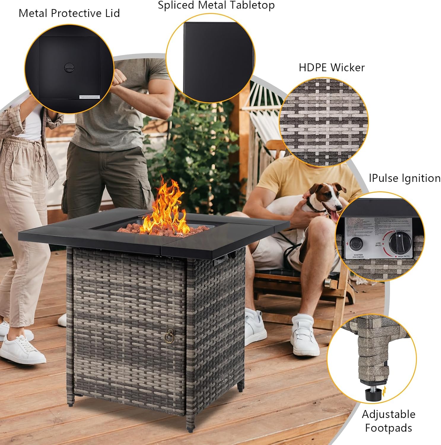 28 inch Wicker Propane Fire Pit Table, CSA-Certified, Outdoor Patio Fire Pit Table 50,000 BTU Gas Firepits with Lid and Lava Rocks for Deck Garden Backyard (28 inch)