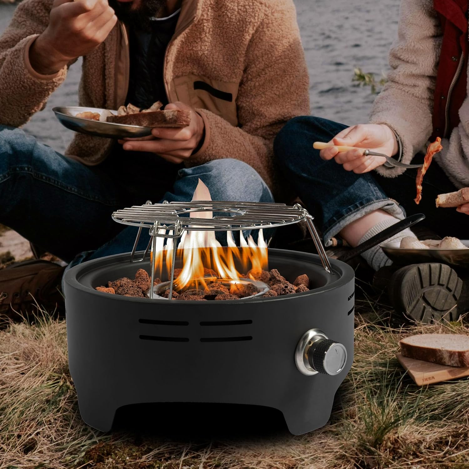 15 inch Outdoor Portable Propane Fire Pit, Camping Fire Pit with Cooking Support Tabletop Fire Pit with Quick Connect Regulator