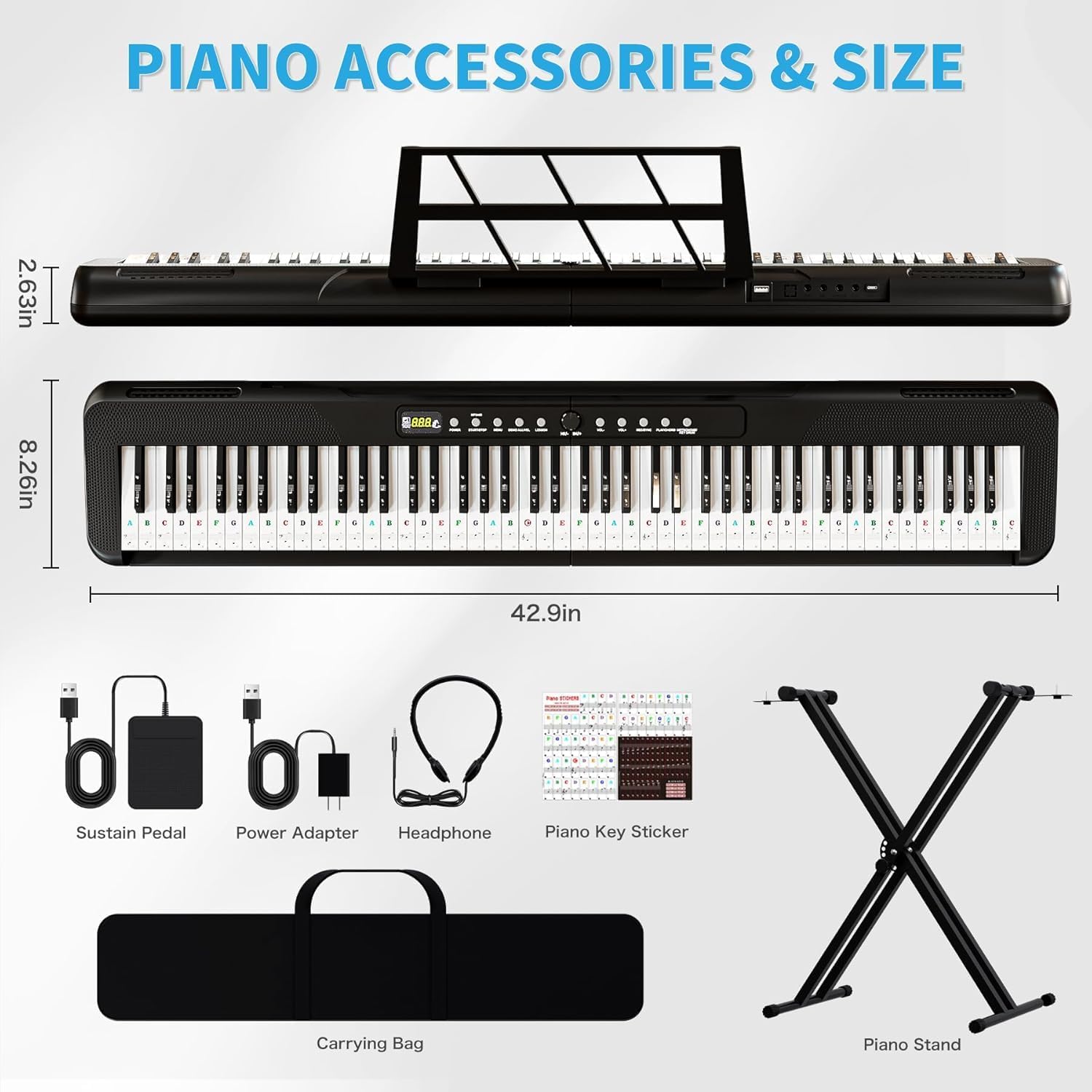 Digital Piano 88 Key Weighted, Semi-Weighted Keyboard, Portable Electronic Piano with Stand, Power Supply, Sustain Pedal, Stickers, Bluetooth and Piano Lessons, for Beginners Adults, Black