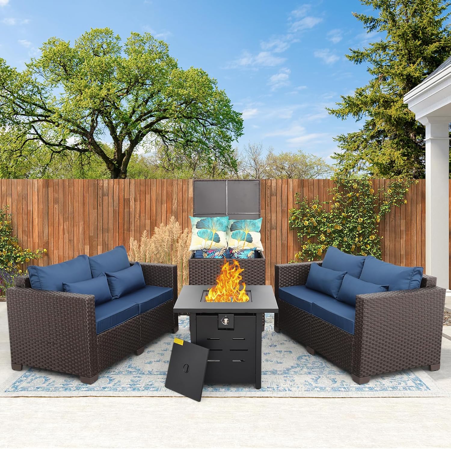 Propane Fire Pit 28 Inch Outdoor Fire Pit 50000 BTU Square Gas Fire Table with Steel Lid Blue Crystal Beads and Waterproof Cover for Outside Patio and Garden