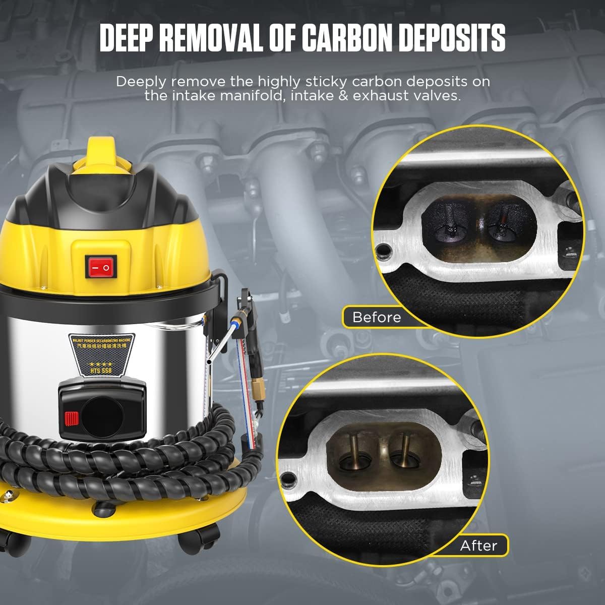 QPKING Walnut Sand DE-Carbon Cleaner HTS558 Walnut Blaster Cleaner Automotive Valvetronic System Carbon Deposition Cleaning Engine Intake Pipe Valve Clean Machine 110V/220V