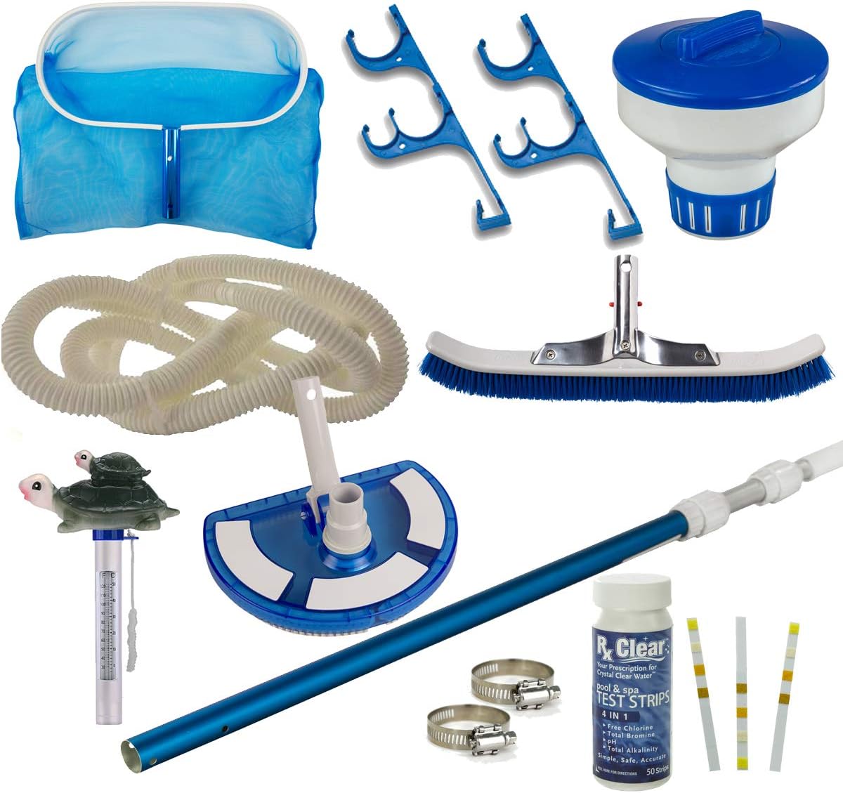 Supreme Maintenance Kit for Swimming Pools | Including 18' Hose, Thermometer, Brush, Floating Chlorinator, Vacuum Pole with Handle, Skimmer, Test Strips and Vacuum Head…