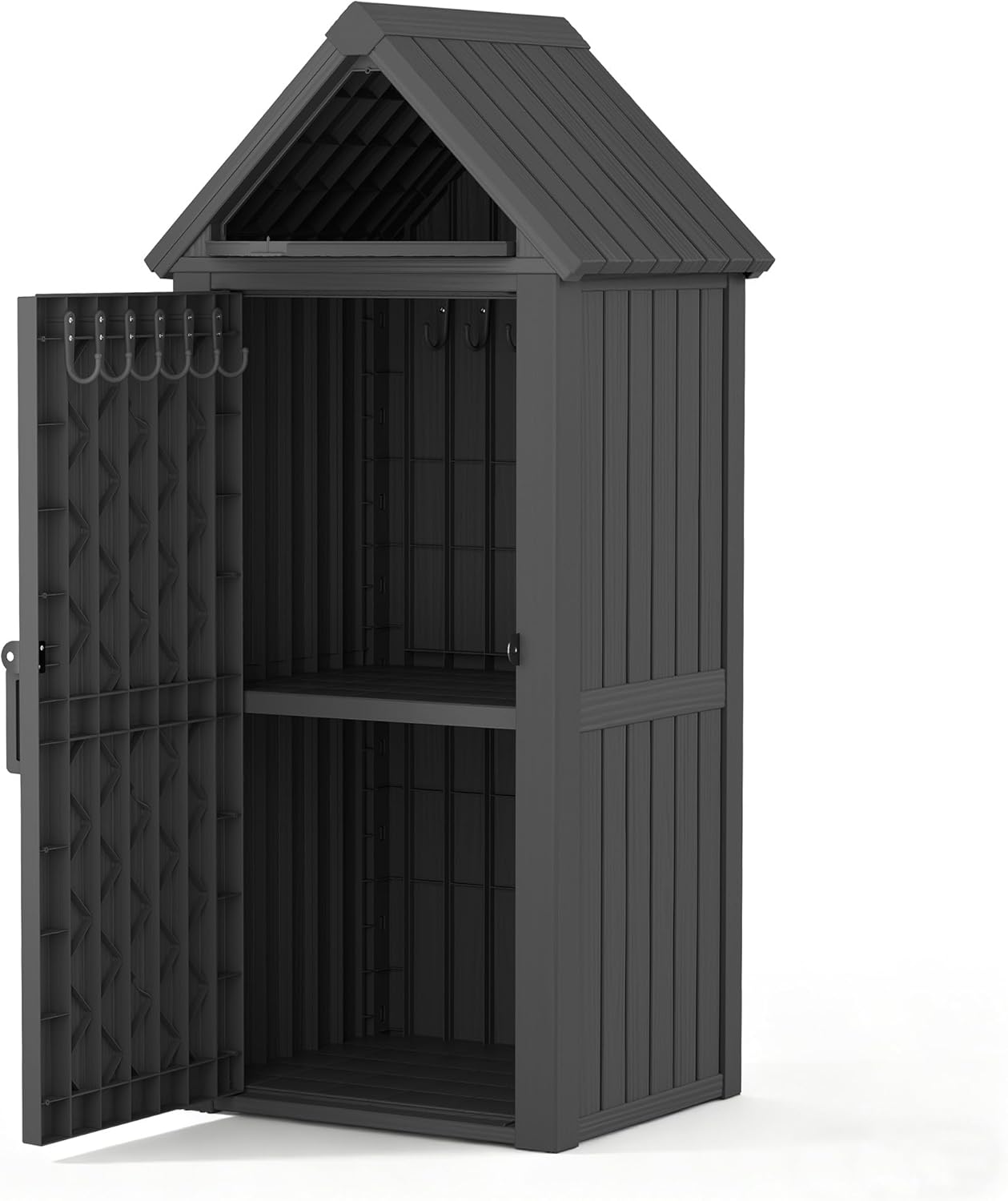 Outdoor Storage Shed with Removable Shelves, Waterproof Resin Outdoor Storage Cabinet for Small Patio, Balcony, Backyard, Vertical Storage Shed with 12 Hooks for Garden Tools, Grilling Supplies, Black