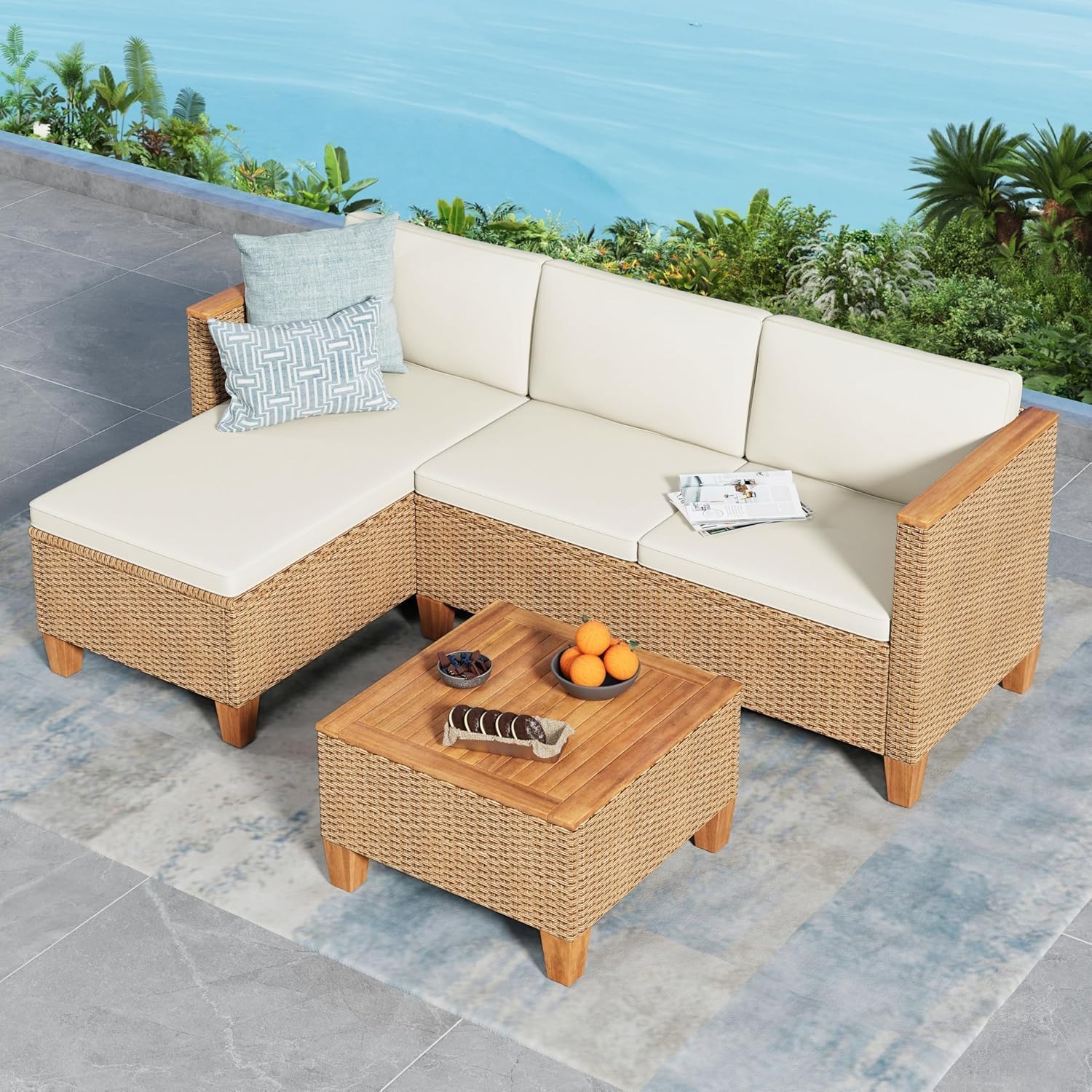 Small Patio Furniture Set, 3 Piece Wicker Outdoor Patio Conversation Set, Outside L-Shaped Sectional Sofa Couch with Chaise Lounge and Coffee Table for Porch Balcony Deck