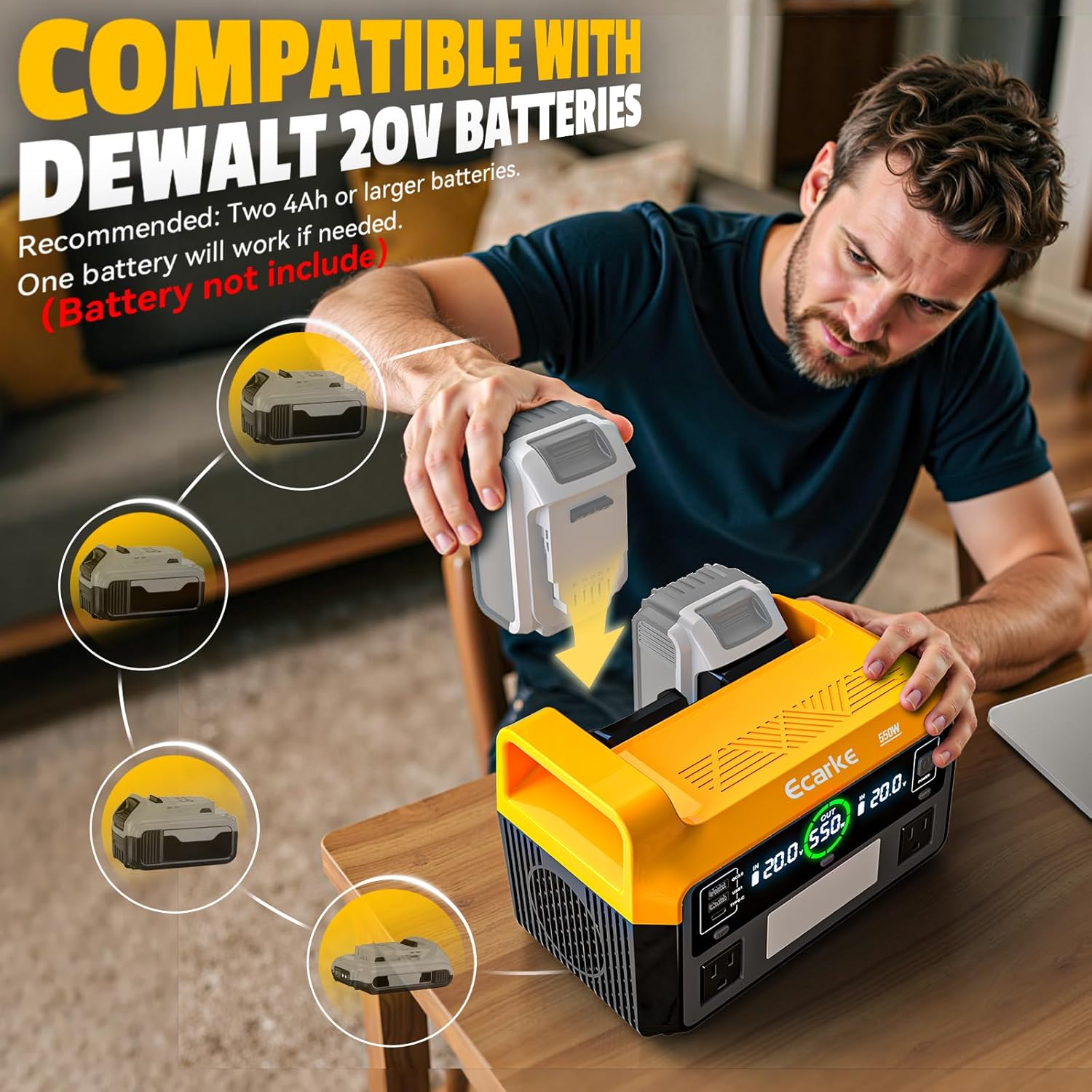 550W Portable Power Inverter Compatible with Dewalt 20V Battery, Power Station DC 20V to AC 110V Pure Sine Wave, Battery Power Adapter 2USB&Type-C, Generator Phone Charger LED Light Camping Emergency