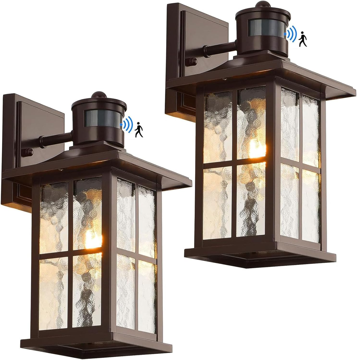 2 Pack Motion Sensor Outdoor Wall Lights Dusk to Dawn Exterior Porch Lantern Brown Outside Sconce Lighting Fixtures Rustic Farmhouse Wall Mount Carriage Lamp for House Garage Patio