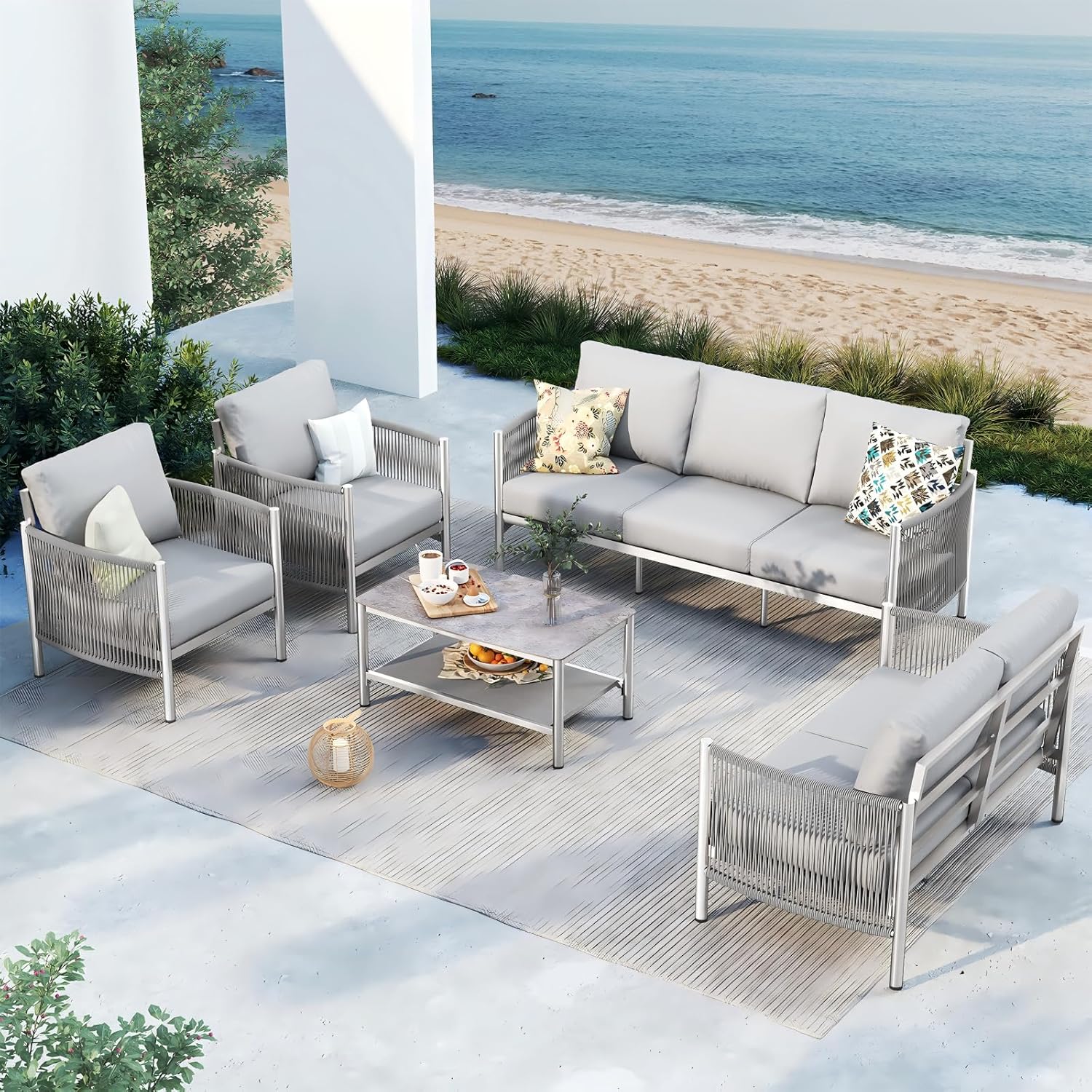 Aluminum Outdoor Patio Furniture Set, HDPE Rope 5 Piece Modern Sectional Conversation Sets with Dual-Layer Coffee Table, All Weather Patio Couch Sofa with Thick Cushions, Silver Frame, Silver