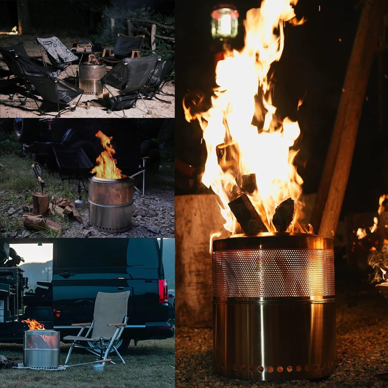 Stainless Steel Fire Pit Metal Burn Barrel Wood Burning Bonfire Incinerator Portable Burn Barrels Outdoor Fire Pits Burning Table for Camping Garden.(Holes-36x39CM/14.2x15.4IN)