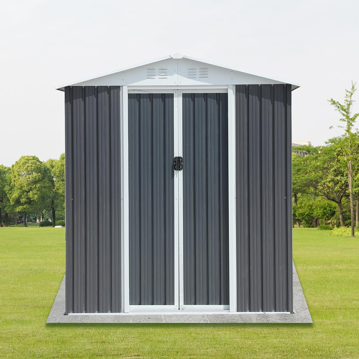 6x4 FT Outdoor Storage Shed with Base Frame, Metal Tool Storage Shed with Lockable Sliding Door and Vents, All-Weather Waterproof Heavy-Duty Metal Garden Sheds for Backyard/Patio/Lawn, Grey