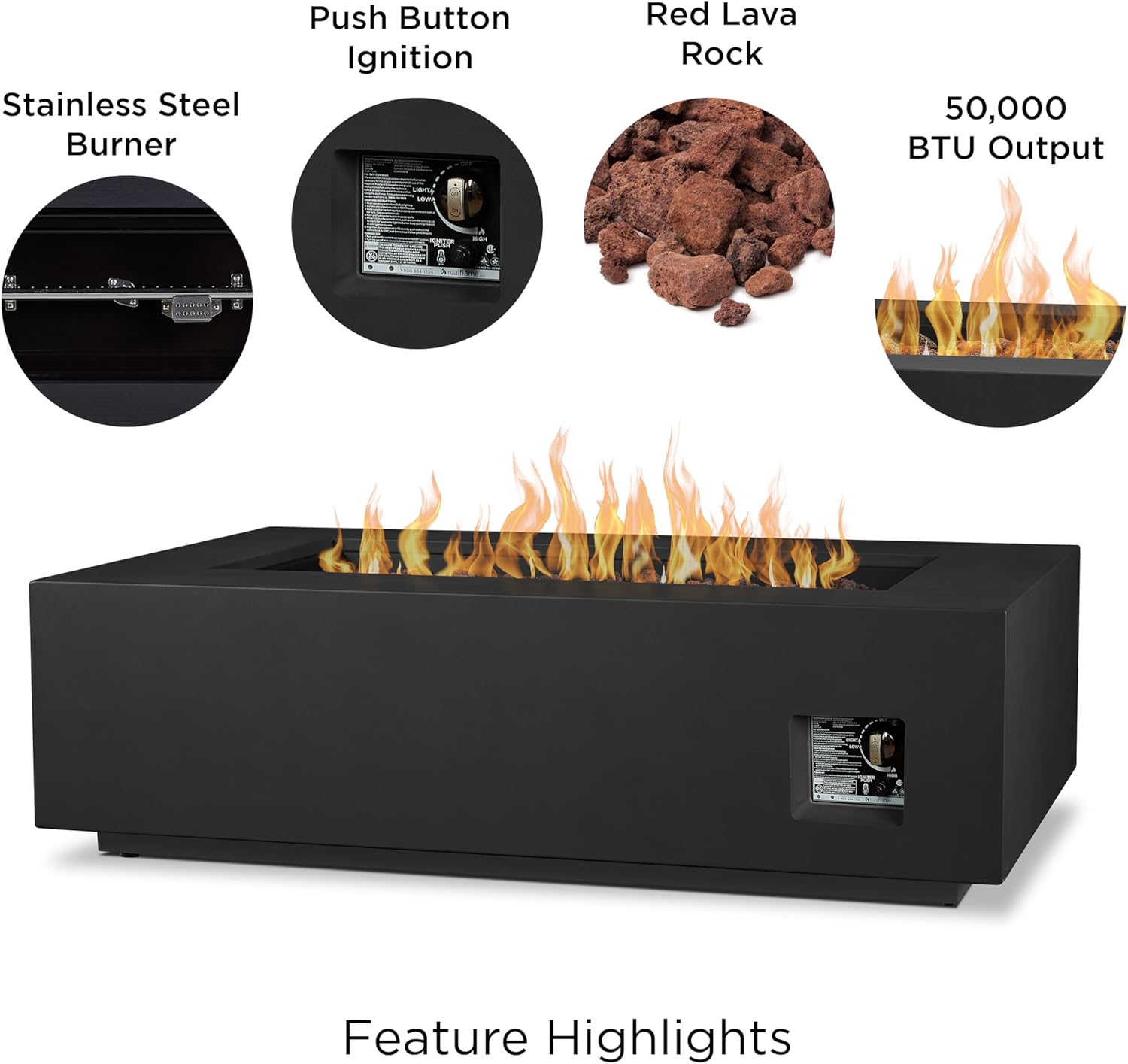 Real Flame Aegean 50in Rectangle Propane or Natural Gas Fire Pit Table, 50,000 BTU, Powder-Coated Steel, Push-Button Ignition, CSA Certified, Lava Rock, Storage Cover, Stainless Steel Burner with Lid