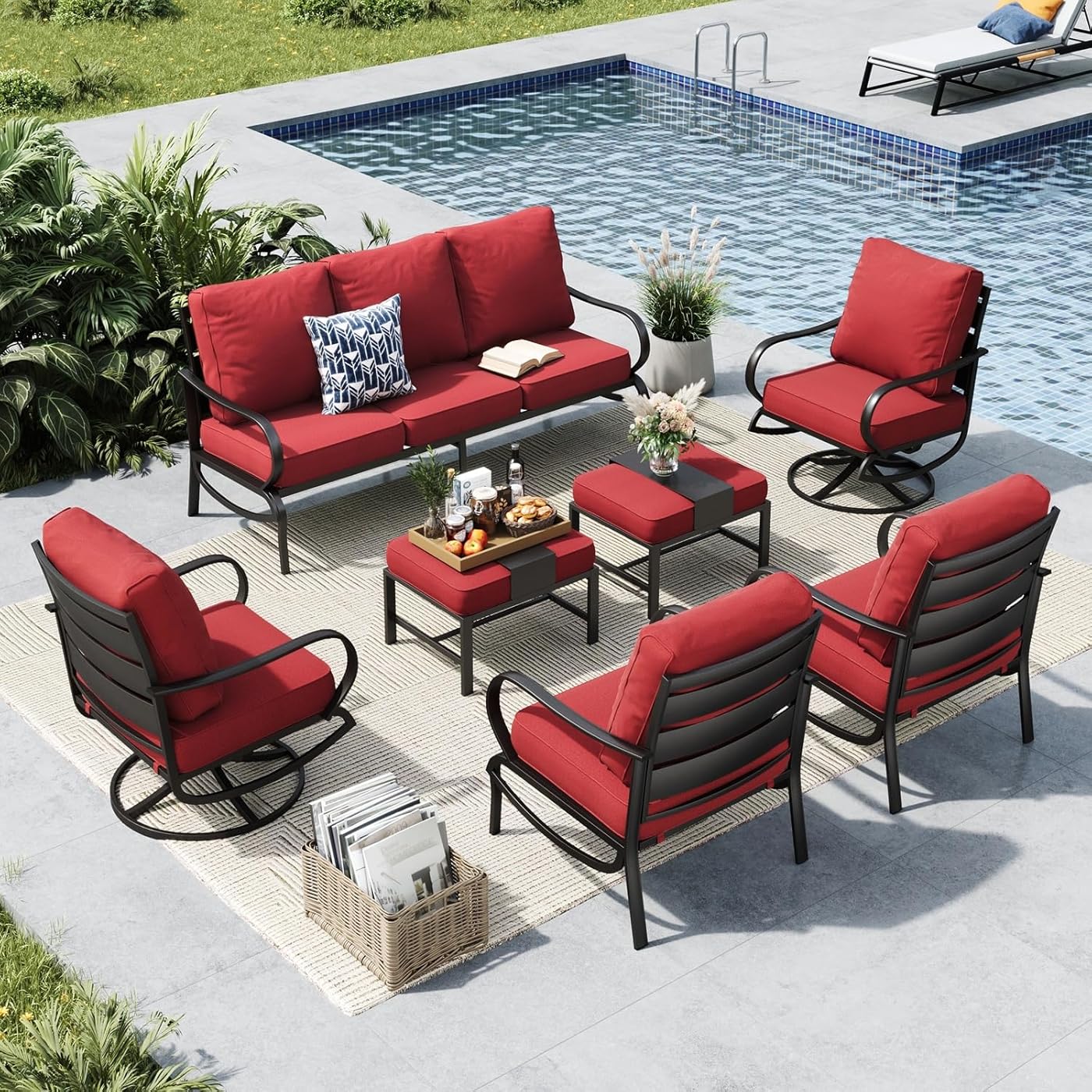 MFSTUDIO 7 Pieces Metal Patio Furniture Sets, 2 Swivel Chairs, 3-Seat Deep Seating Sofa, 2 Single Couch and 2 Ottoman, All Weather 9 Seats Outdoor Conversation Set for Garden Backyard, Burgundy Red