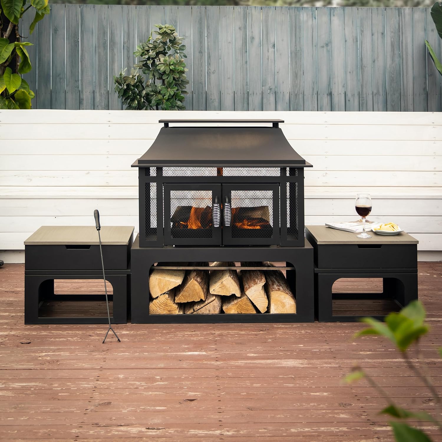 70 Inch Rectangular Outdoor Steel Woodburning Fireplace with Side Tables - Integrated Log Storage and Log Poker