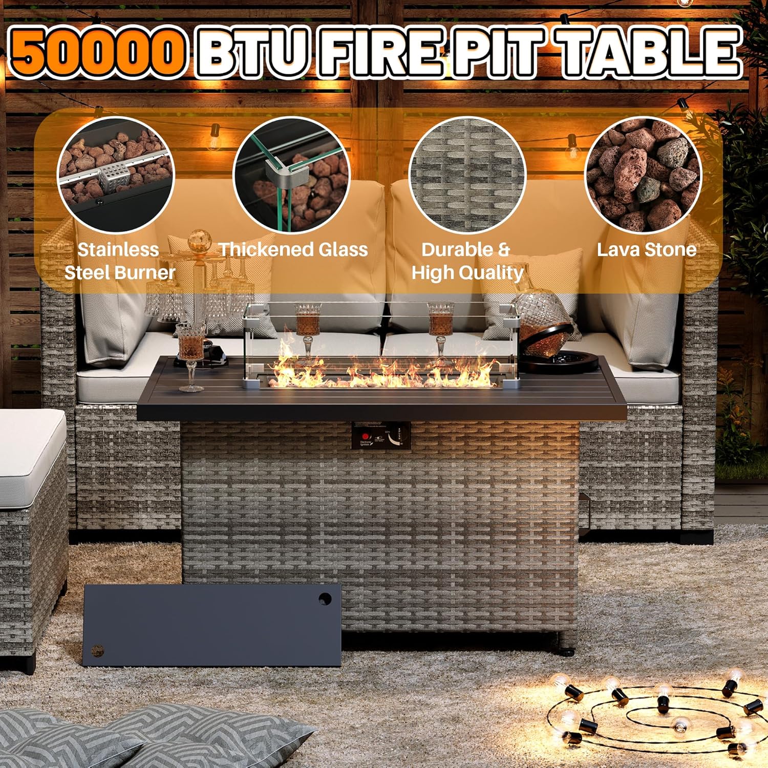 LHBcraft 44 Inch Propane Fire Pit, 50000 BTU Fire Pit Table with Glass Wind Guard and Lid, Gas Fire Pits for Outside Patio and Garden(Grey)