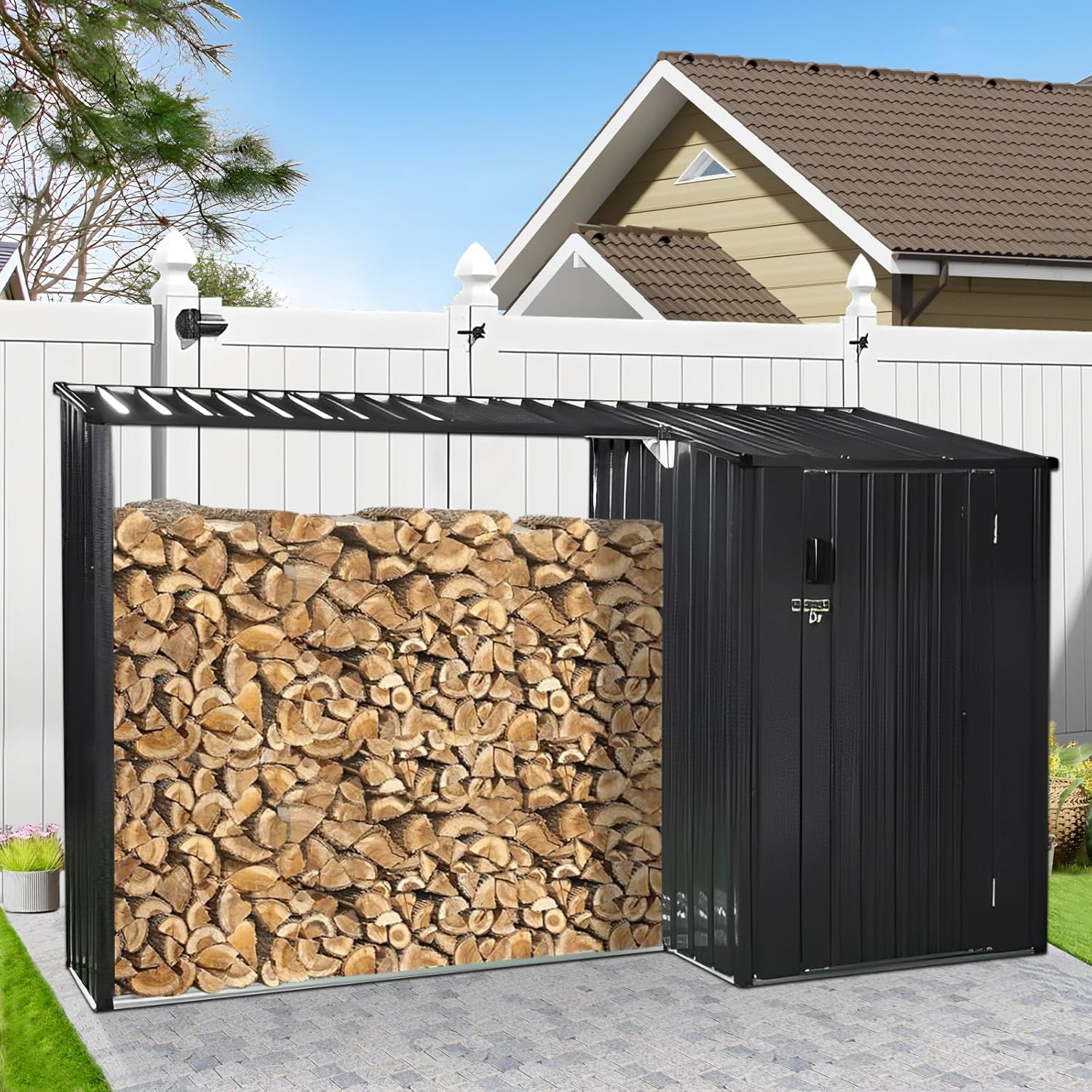 2-in-1 Metal Outdoor Storage Shed with Tool Locker & Firewood Storage, 9 × 5 FT Firewood Shed - Weatherproof & Versatile, Steel Garden Sheds for Backyard Garden Patio Lawn, Black