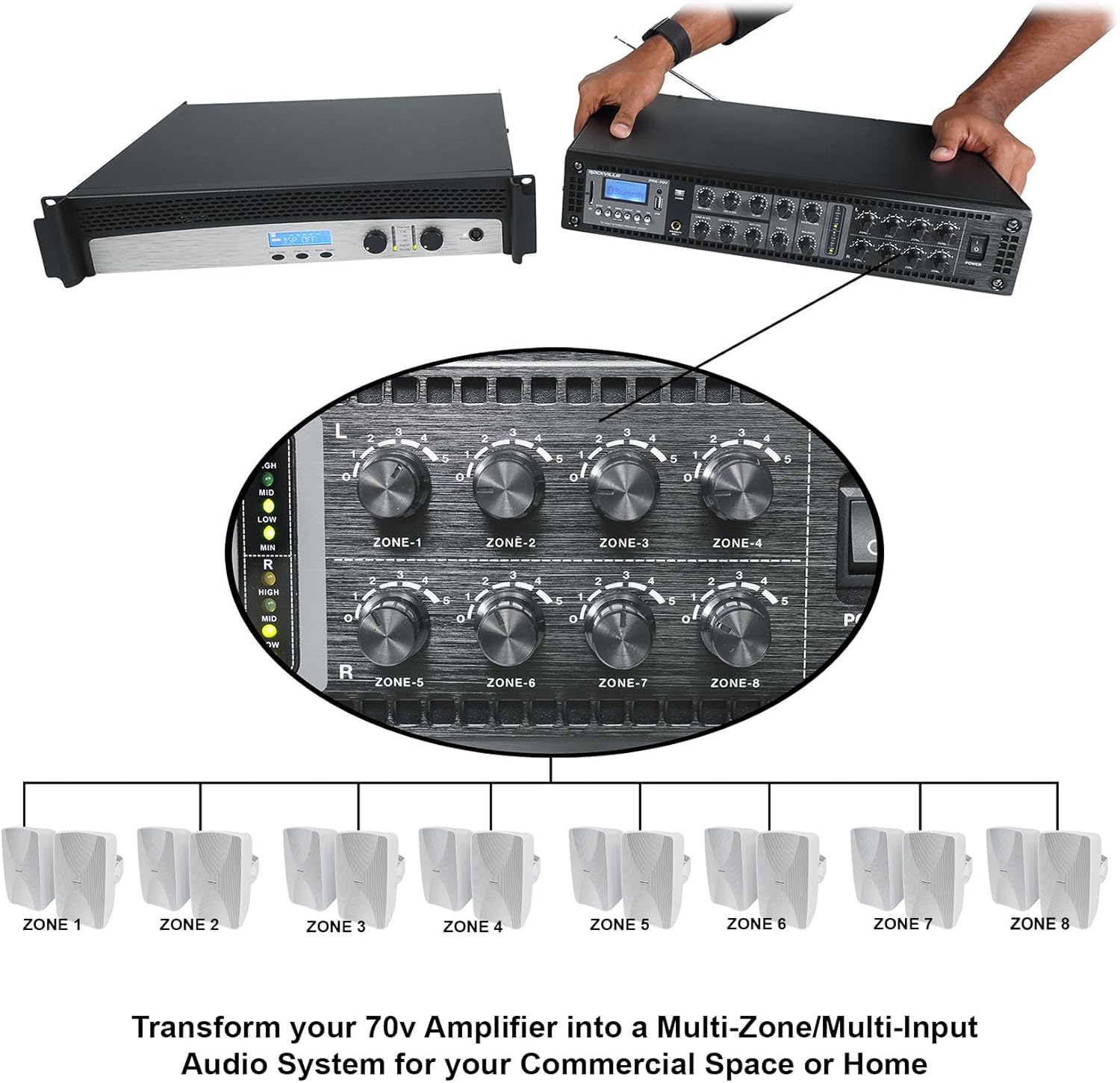 Rockville PRE-70V 8-Zone Stereo Preamp Mixer with Bluetooth, USB/SD/FM, Mic Inputs, Chime, Bass/Treble Control, for 70V Audio Systems