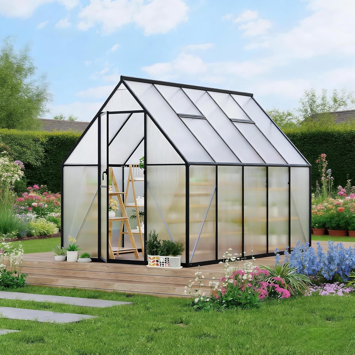 6x9 FT Greenhouse, Walk in Green Houses for Outside and Garden Planting, Polycarbonate Greenhouse with Aluminum Frame, Lockable Door and Ajustable Roof Vent for Backyard, Patio