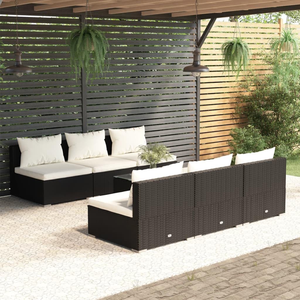 7 Piece Patio Lounge Set with Cushions Poly Rattan Black Garden Furniture