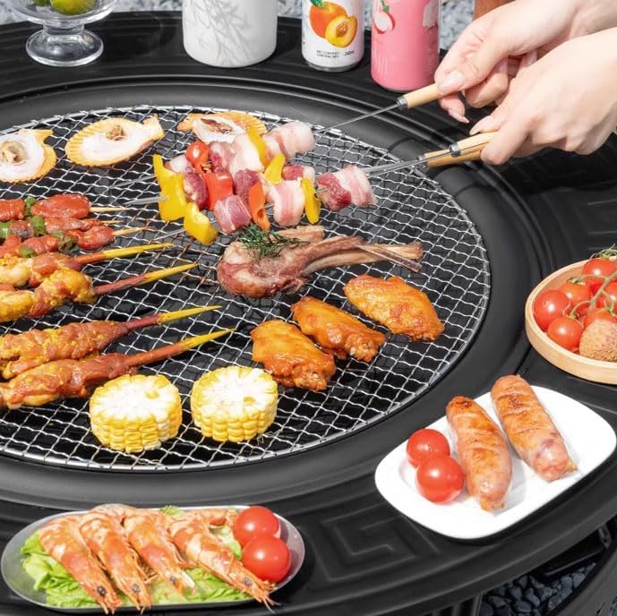 31.5 Inch Fire Pit with Grill, Wood Burning Fire Pits for Outside Garden with Lid, Fire Poker, BBQ & Outdoor Firepit & Round Metal Table for Camping, Picnic, Bonfire, Patio, Picnic, Party