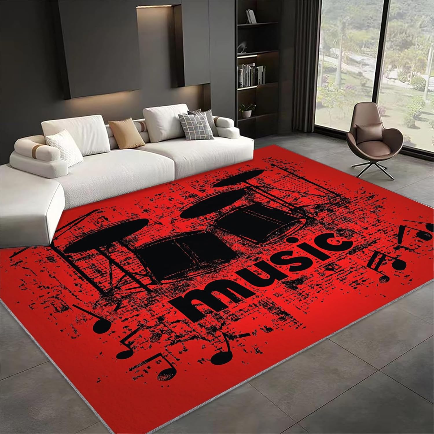 Machine Washable Rug 4x6 ft Washable Area Rugs Red Musical Note Drum Wheel Non Slip Carpets for Living Room Bedroom, Low Pile Stain Resistant Carpet, for Nursery Office Home Decor