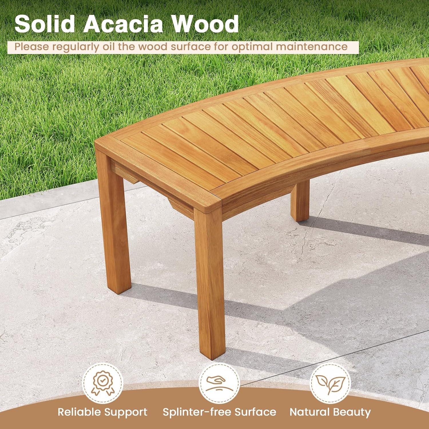 Moccha Outdoor Curved Bench, Acacia Wood Fire Pit Bench w/Slatted Seat, Loveseat, Outside Chair, Patio Backless 2-Person Seating for Balcony Yard Deck Porch 800 LBS Max Load (7, Natural)