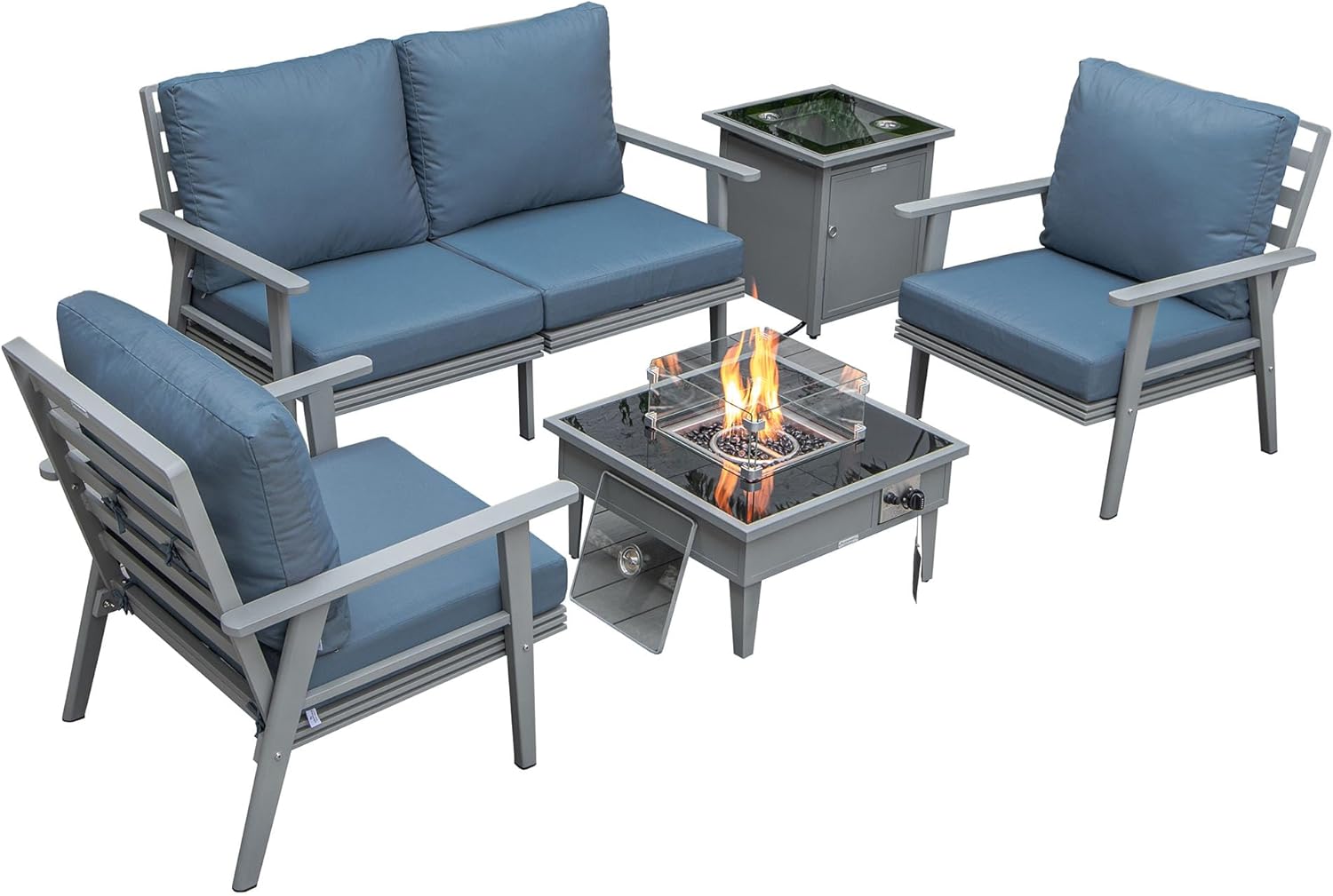 LeisureMod Walbrooke Modern Aluminum 5-Piece Patio Conversation Set with Outdoor Square Fire Pit Table & Side Table Tank Holder (Navy Blue)