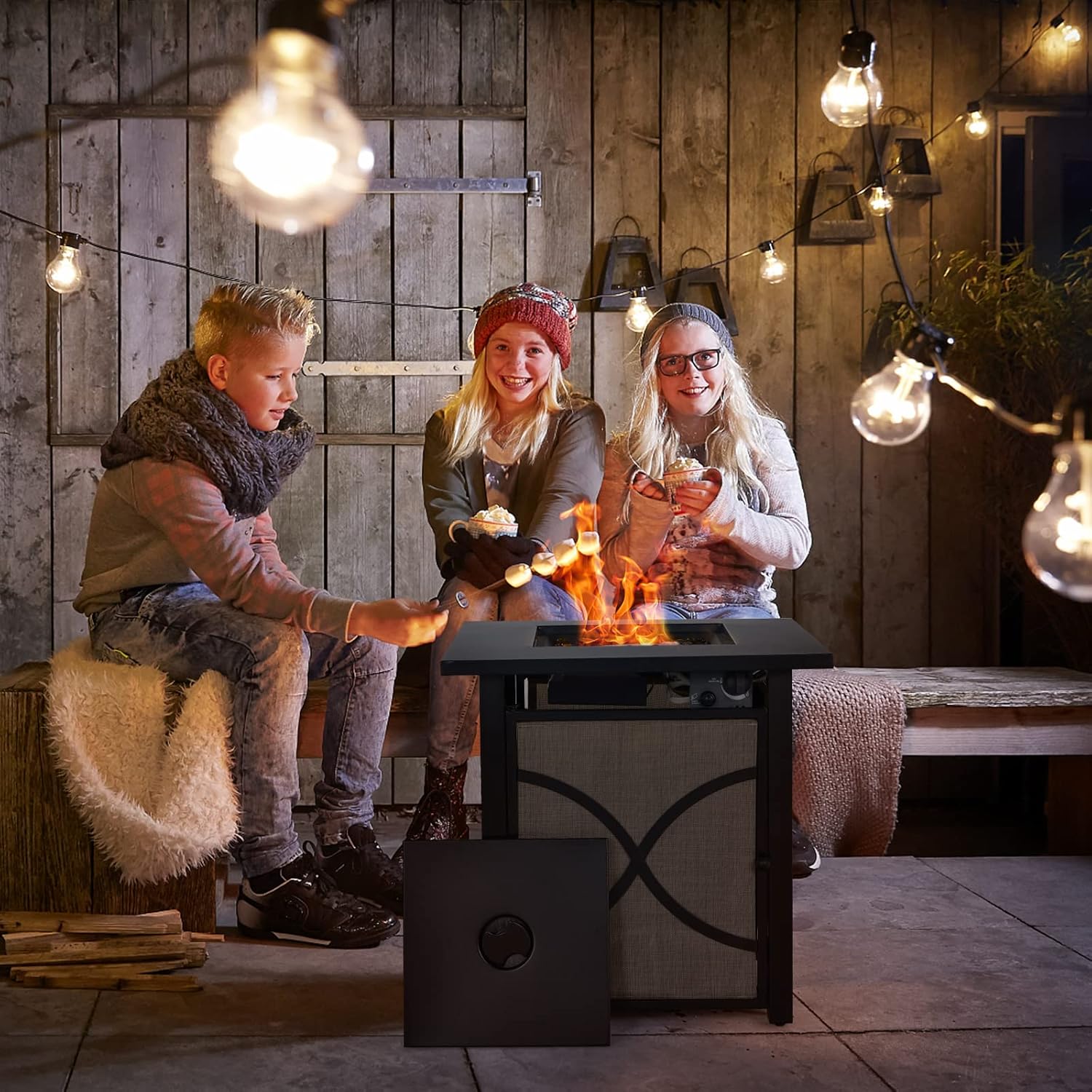 COSTWAY 25-Inch Propane Fire Pit Table, 40000 BTU Square Gas Fire Pit Table with Lid, Fire Glass and Adjustable Flame, 2-in-1 Outdoor Fire Table, CSA Approved