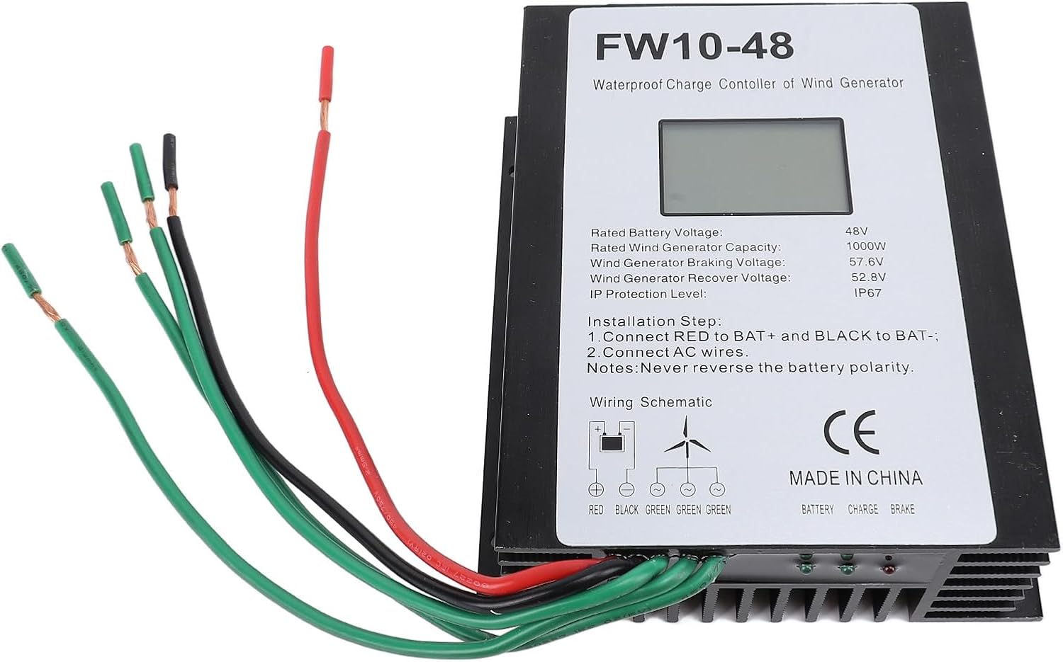 MPPT Wind Turbine Charge Controller, 48V, IP67 Water ; Solar Controller - Automatic Braking, LED Display, Ideal for Off - Grid Systems