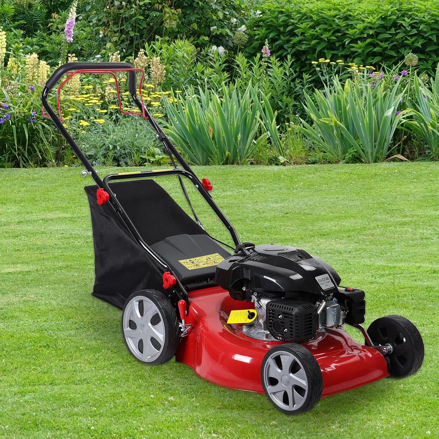 Lawn Mower Push Mower 141cc Gas Lawn Mower Cordless Lawn Mower Self Propelled Lawn Mower Push Lawn Mower 4-Stroke Lawn Mower Gas with 50L Grass Tank, Big Wheels Blade Size 20 Inches Red