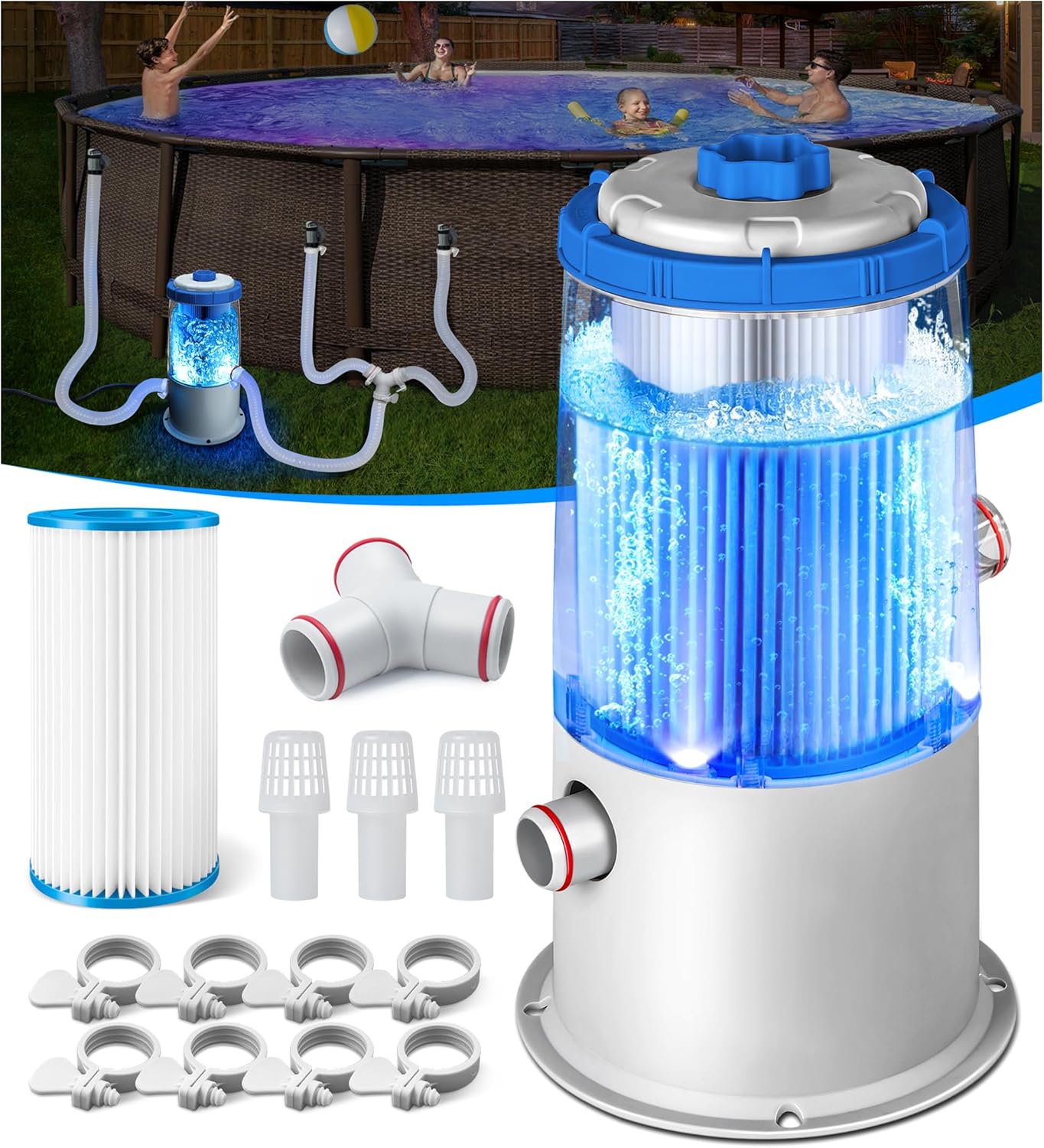 1000 GPH Light-Up Pool Filter Pump for Above Ground Pools | Built-in Blue LED Light, Transparent Housing for Real-Time Water Circulation & Filtration Monitor, Pool Cartridge Filter Pump System