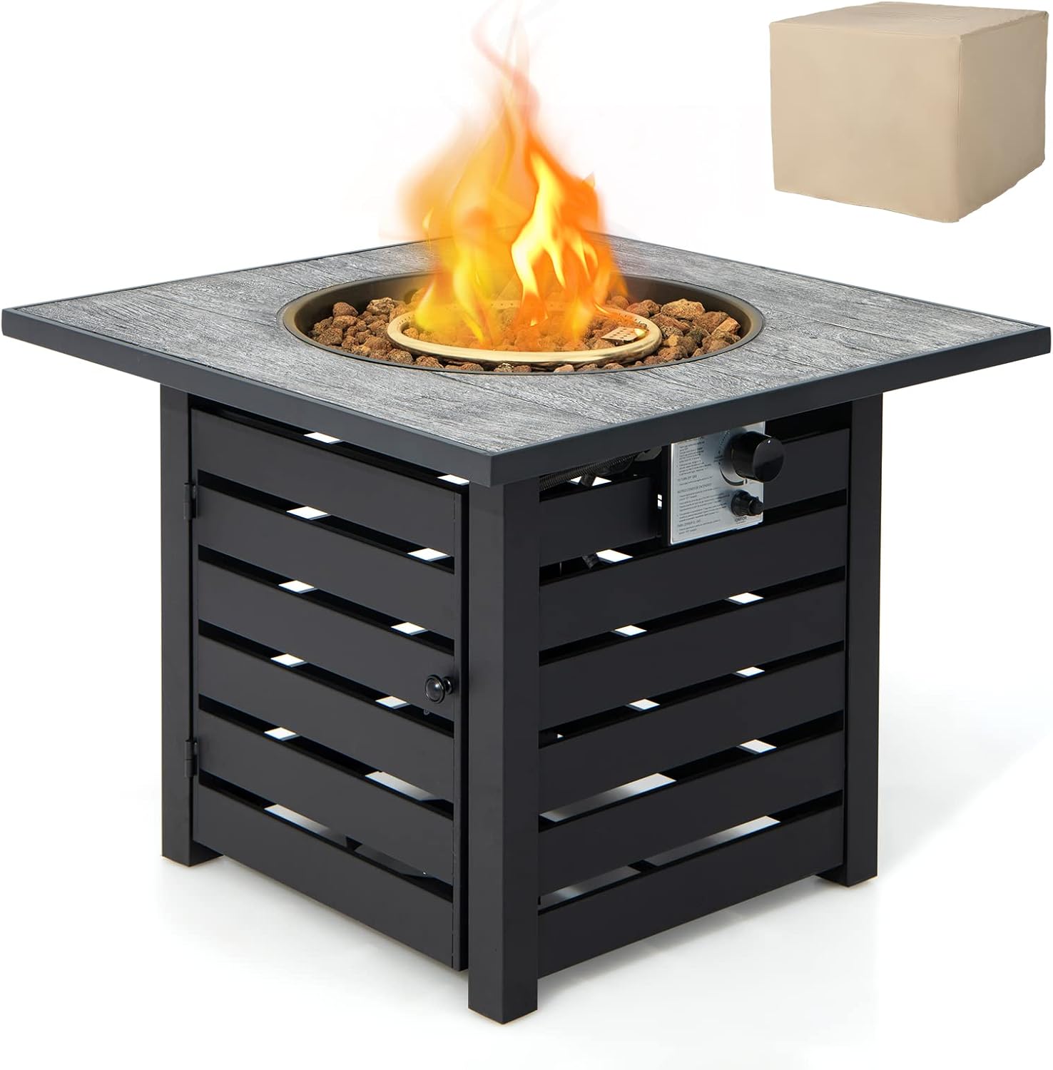Giantex 32 Inch Propane Fire Pits, 50,000 BTU Square Gas Firepit with High-Temp Resistant Tabletop, Adjustable Flame Lava Rocks and Waterproof Cover, CSA Approved, Outdoor Fire Pit Table (Black)