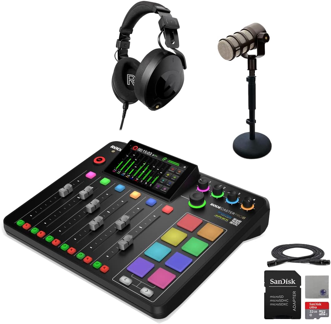 Rode RODECaster Pro II Integrated Audio Production Console with Rode PodMic, NTH-100 Studio Headphones, DS1 Microphone Stand, 32GB microSD Card, XLR Cable and StreamEye Cloth