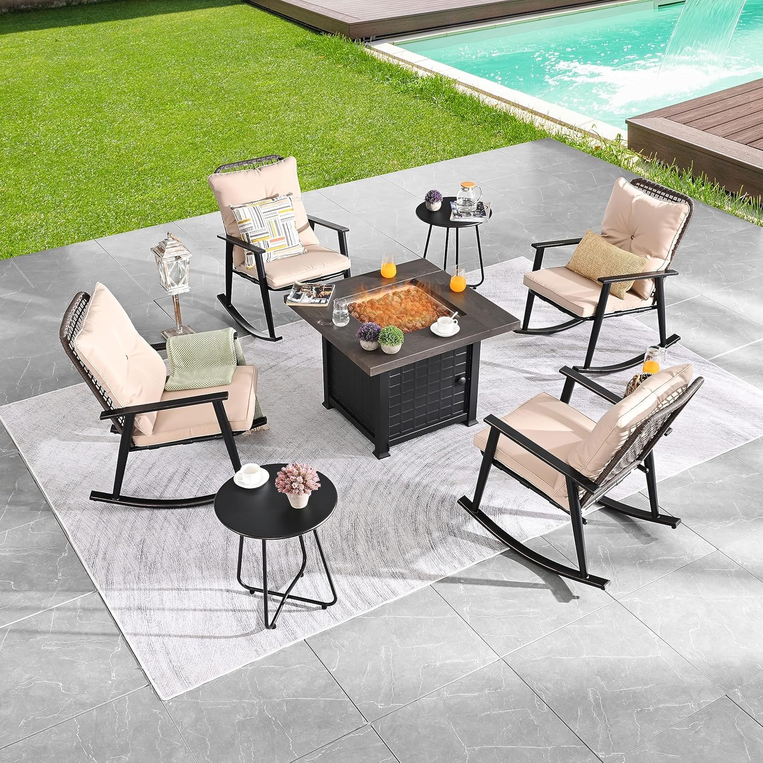 LOKATSE HOME Patio Furniture Propane Gas Fire Pit Set Rocking Chairs and 2 Metal Side Table, Khaki