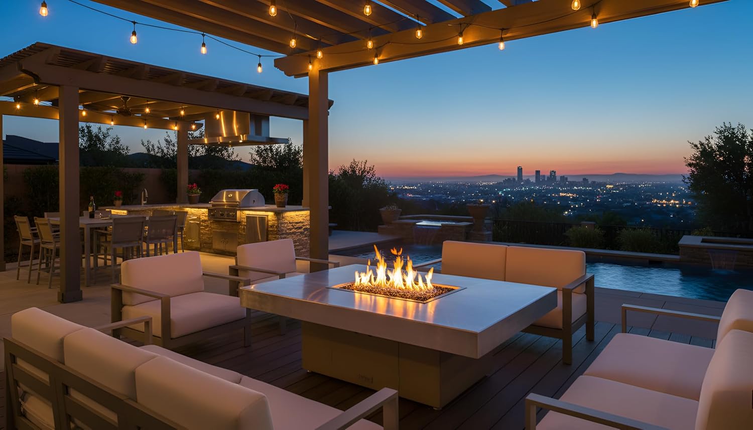 COOKE Santa Barbara Rectangular Fire Pit Table - 48 x 36 - Propane - Brushed Aluminum Top - Beige Powdercoat Base