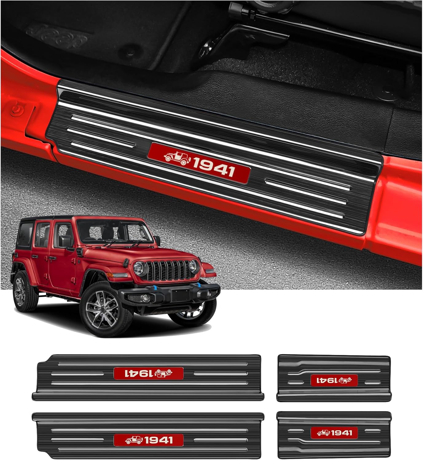 4PCS Door Sill Guards for Jeep 2018-2025 Wrangler JL JLU & 2020-2025 Gladiator JT Accessories Stainless Steel Material Red Trim Door Sill Protector Black Brushed Front Rear Door Entry Guard