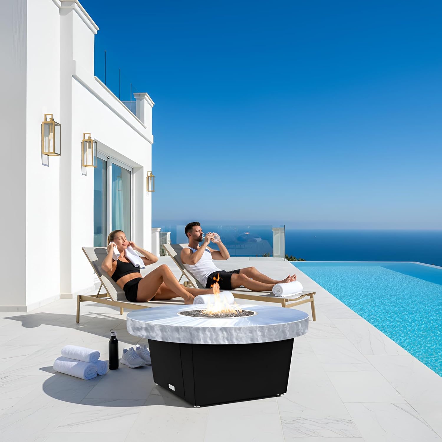 COOKE Parkway Circular Fire Pit Table - 48 Diam - Natural Gas - Brushed Aluminum Top - Black Powdercoat Base