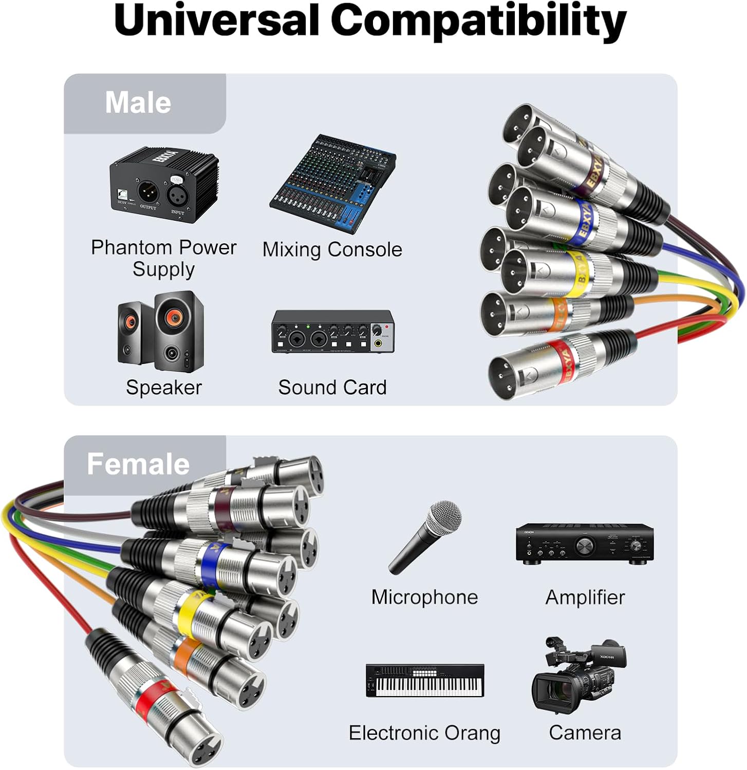 EBXYA 20 Feet XLR Snake 8 Channel - 8 Colored XLR Male to Female Cables, Recording Snake for Live, Recording, Studios